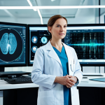 A professional female doctor, fully clothed in a clean white lab coat and modest professional attire, stands confidently in a futuristic medical research laboratory. She is observing large, illuminated holographic screens displaying complex genomic data and high-resolution medical imaging scans, showcasing AI-powered analysis. The lab is clean, well-lit, and features advanced medical equipment in the background. The atmosphere is highly professional and innovative. Perfect anatomy, correct proportions, natural pose, well-formed hands, proper finger count, natural body proportions. Safe for work, appropriate content, fully clothed, family-friendly, professional photography, high quality, cinematic lighting.