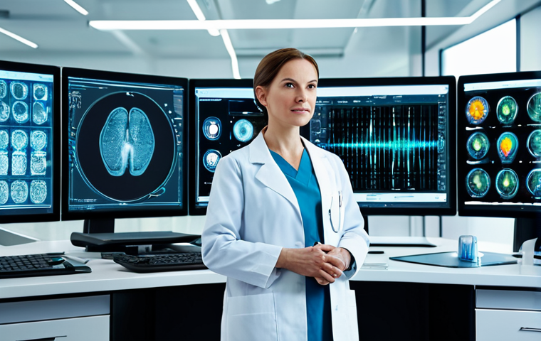A professional female doctor, fully clothed in a clean white lab coat and modest professional attire, stands confidently in a futuristic medical research laboratory. She is observing large, illuminated holographic screens displaying complex genomic data and high-resolution medical imaging scans, showcasing AI-powered analysis. The lab is clean, well-lit, and features advanced medical equipment in the background. The atmosphere is highly professional and innovative. Perfect anatomy, correct proportions, natural pose, well-formed hands, proper finger count, natural body proportions. Safe for work, appropriate content, fully clothed, family-friendly, professional photography, high quality, cinematic lighting.