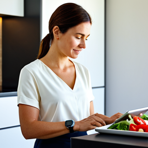 A professional-looking woman in her 30s, with a warm, engaged expression, fully clothed in modest casual attire like a comfortable blouse and trousers. She is sitting at a sleek, minimalist kitchen island in a modern, sunlit home. A tablet is open in front of her, displaying a vibrant, data-rich personalized nutrition plan generated by AI. A smartwatch is clearly visible on her wrist, seamlessly integrated with the nutrition tracking. In the background, a perfectly prepared, colorful healthy meal, such as a salad with grilled chicken and fresh vegetables, is subtly visible on the counter. This image should convey a sense of ease and technological advancement in personal health management. perfect anatomy, correct proportions, natural pose, well-formed hands, proper finger count, natural body proportions, professional photography, high quality, safe for work, appropriate content, fully clothed, modest, family-friendly.