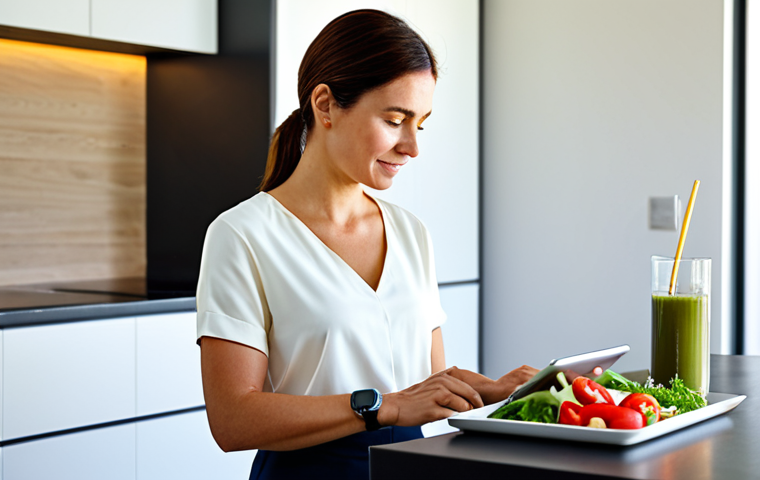 A professional-looking woman in her 30s, with a warm, engaged expression, fully clothed in modest casual attire like a comfortable blouse and trousers. She is sitting at a sleek, minimalist kitchen island in a modern, sunlit home. A tablet is open in front of her, displaying a vibrant, data-rich personalized nutrition plan generated by AI. A smartwatch is clearly visible on her wrist, seamlessly integrated with the nutrition tracking. In the background, a perfectly prepared, colorful healthy meal, such as a salad with grilled chicken and fresh vegetables, is subtly visible on the counter. This image should convey a sense of ease and technological advancement in personal health management. perfect anatomy, correct proportions, natural pose, well-formed hands, proper finger count, natural body proportions, professional photography, high quality, safe for work, appropriate content, fully clothed, modest, family-friendly.